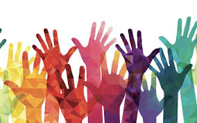 Hands of multiple colours and size raised suggesting diversity